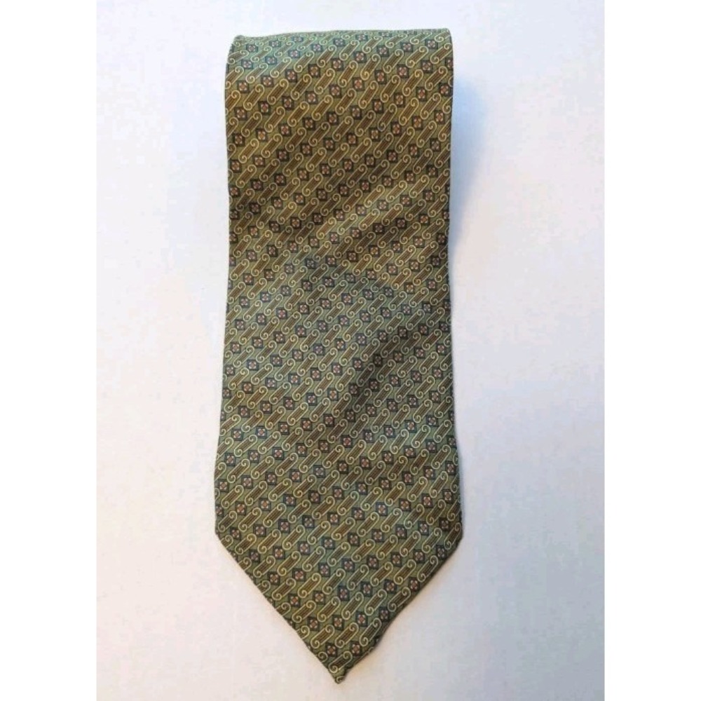 Sempura Italy 100% Silk Tie Olive Green‎ Geometric Swirl Pattern Vintage Mens...